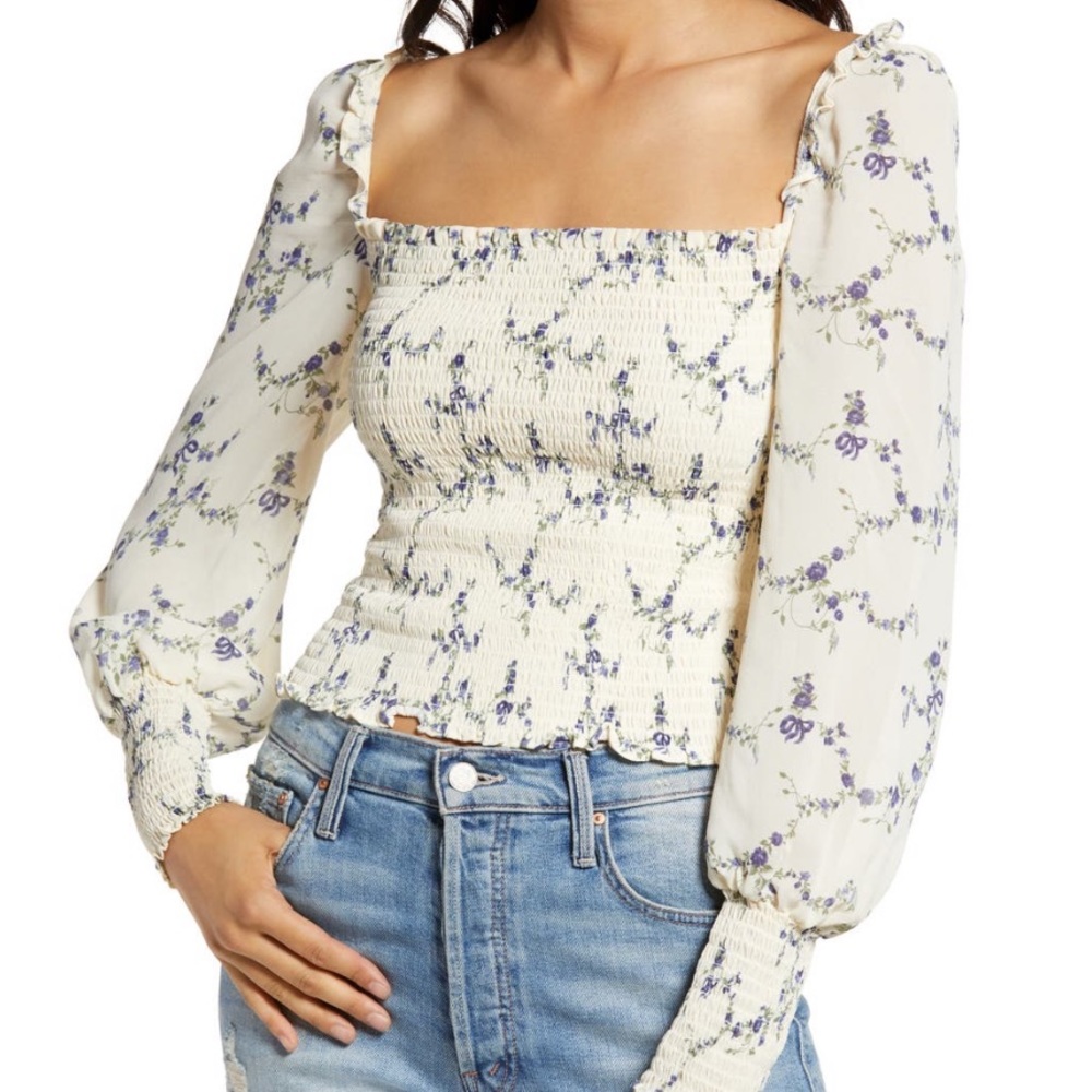 Reformation Cream Floral Smocked Square-Neck Top